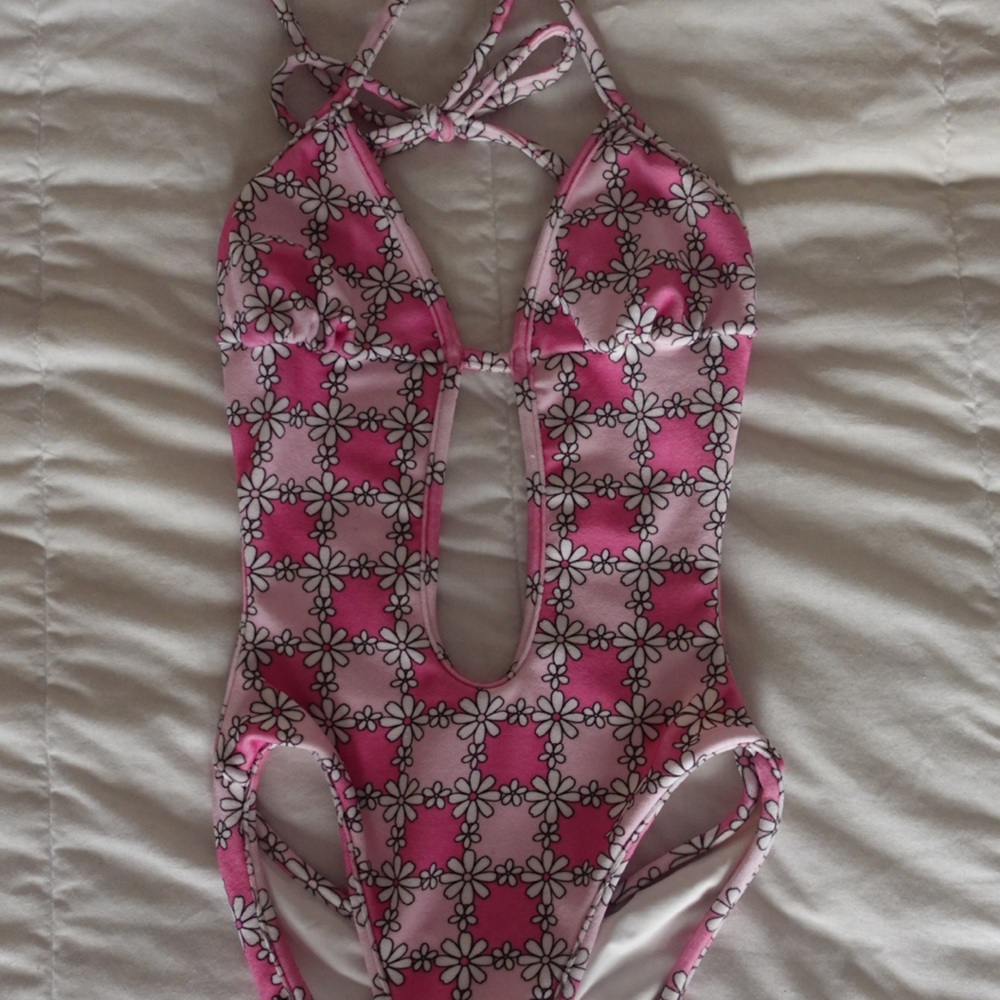 Frankie’s Bikinis Amanda Terry One Piece Swimsuit in cute Floral Pink print
